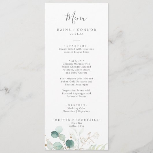 Dîner Mariage Airy Greenery and Gold Leaf Menu (Devant)