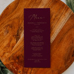 Dîner Mariage Gold et Bourgogne à la carte<br><div class="desc">Cette carte délicate de dîner doré et mariage de Bourgogne est parfaite pour un mariage moderne. Le design minimaliste romantique présente une belle et élégante typographie de champagne jaune doré sur un arrière - plan rouge bordeaux à l'allure simple et épurée. Ce menu peut être utilisé pour une réception de...</div>