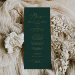 Dîner Mariage Gold et Green Delicate Menu<br><div class="desc">Cette carte délicate de dîner doré et vert mariage est parfaite pour un mariage moderne. Le design minimaliste romantique présente une belle et élégante typographie de champagne jaune doré sur un arrière - plan vert émeraude à l'allure simple et épurée. Ce menu peut être utilisé pour une réception de mariage,...</div>