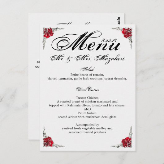 Dîner mariage Menu avec Merci Note de retour (Devant / Derrière)