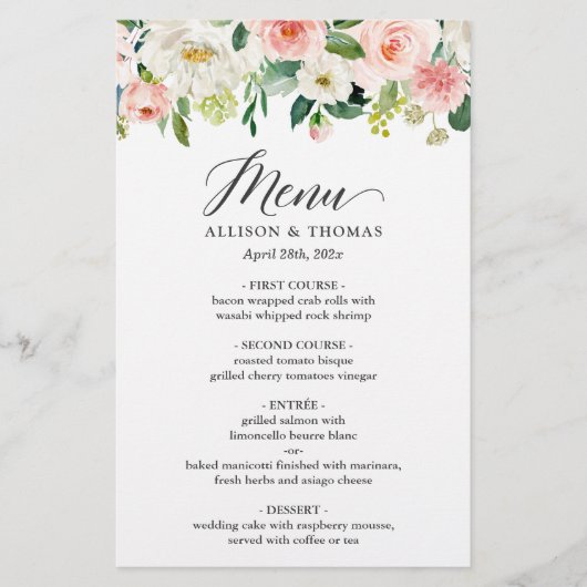 Dîner mariage Menu Chic Blush Rose Blanc Floral (Devant)