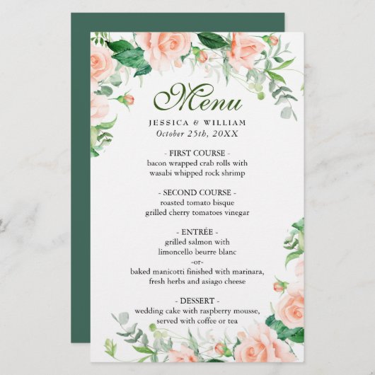 Dîner mariage Menu Élégant Blush Rose Floral (Devant / Derrière)