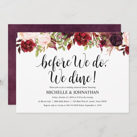 Dîner-Mariage Rustic Burgundy Invitation (Devant / Derrière)