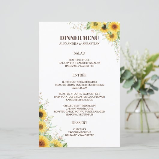 Dîner Mariage Tournesol vert Menu (Debout devant)