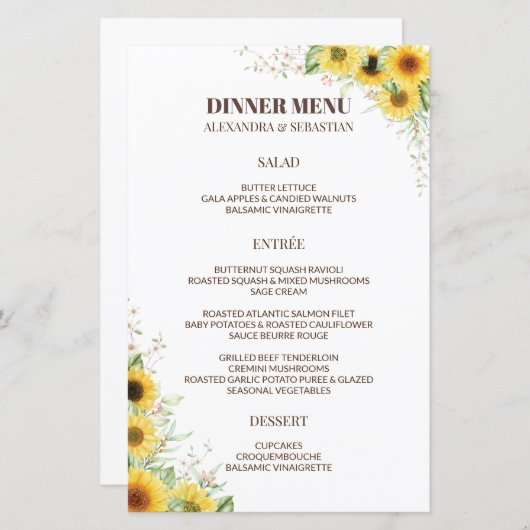 Dîner Mariage Tournesol vert Menu (Devant / Derrière)