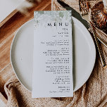 Dîner Mariage vert et feuille d'or Menu<br><div class="desc">Nous avons conçu ce menu de dîner mariage de verdure et de feuilles d'or pour compléter votre mariage boho simple mais élégant. Il présente des feuilles modernes d'eucalyptus vert et blanc, du feuillage de fougères, une fleur succulente et un minimum de feuilles de feuille d'or. Ces éléments donnent l'impression d'une...</div>