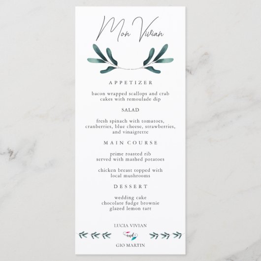 Dîner Mariage vert Forêt Carte menu (Devant)