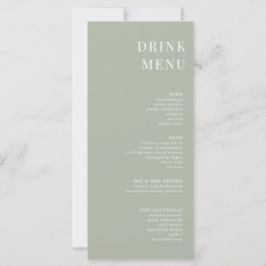 Dîner minimaliste moderne Sage Green Menu (Dos)