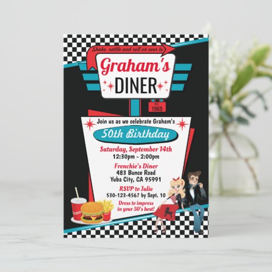 Diner Retro 1950 - Birthday Party Sock Hop Design Kaart (Staand voorkant)