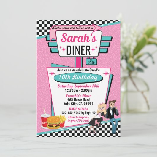 Diner Retro 1950 - Birthday Party Sock Hop Design Kaart (Staand voorkant)