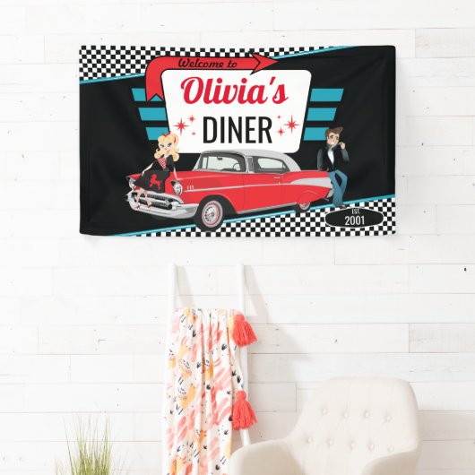 Diner Retro Car Birthday Party Sock Hop uit 1950 Spandoek (Insitu)