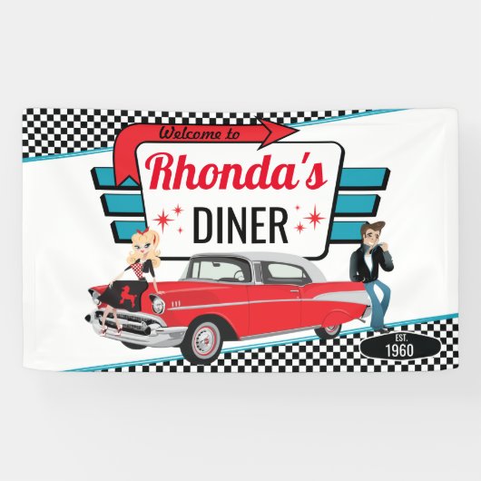 Diner Retro Car Birthday Party Sock Hop uit 1950 Spandoek (Horizontaal)