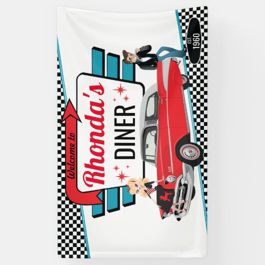 Diner Retro Car Birthday Party Sock Hop uit 1950 Spandoek (Verticaal)