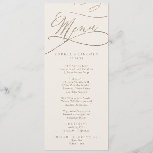 Dîner romantique en or et en ivoire Menu Mariage (Devant)