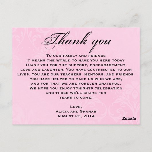 Dîner Rose Mariage superbe Menu Merci (Dos)