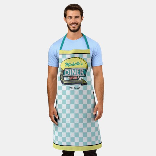 Diner Sign Retro 50s Midden-Eeuw Modern Blauwgroen Schort (Gedragen)