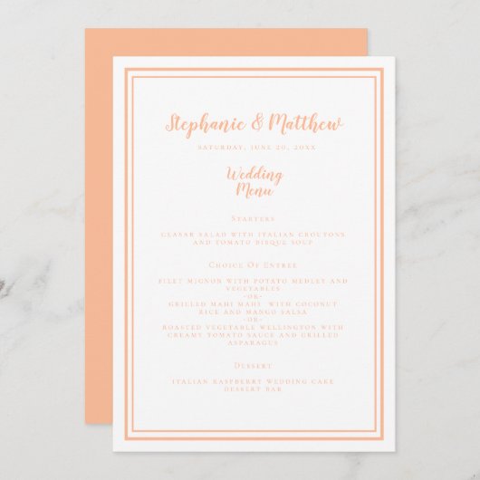 Dîner simple Mariage Peach Menu Carte de place inv (Devant / Derrière)