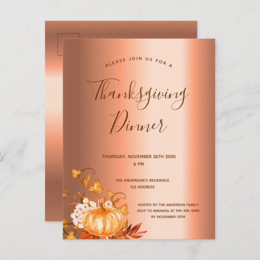 Dîner Thanksgiving citrouille invitation cuivre (Devant / Derrière)