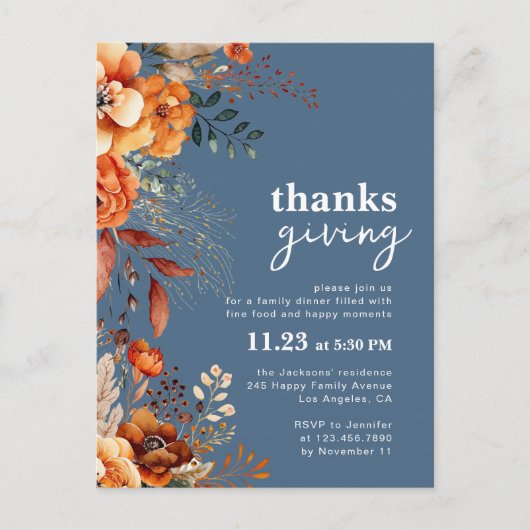Dîner Thanksgiving invitation floral bleu (Devant)
