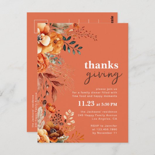 Dîner Thanksgiving invitation florale (Devant / Derrière)