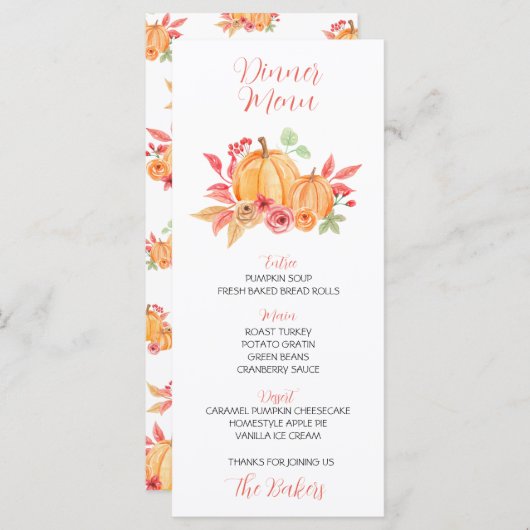 Dîner Thanksgiving Menu Floral Citrouille (Devant / Derrière)