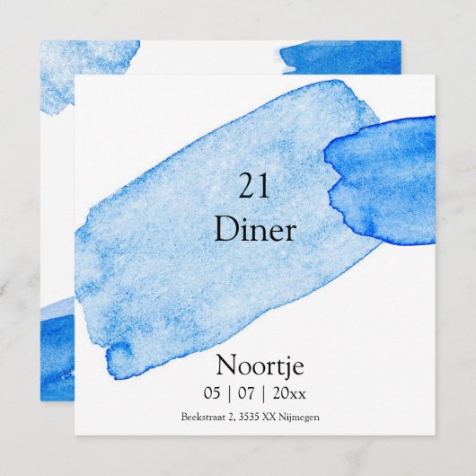 Diner uitnodiging verfstrepen blauw (Voorkant / Achterkant)