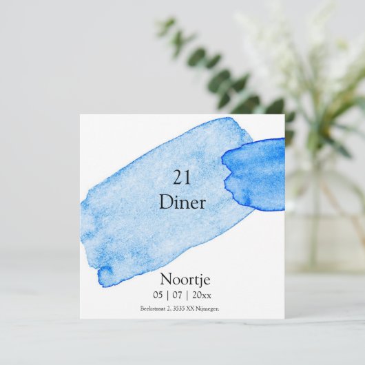 Diner uitnodiging verfstrepen blauw (Staand voorkant)