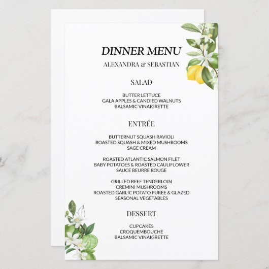 Dîner vert Lemony Menu Mariage (Devant / Derrière)