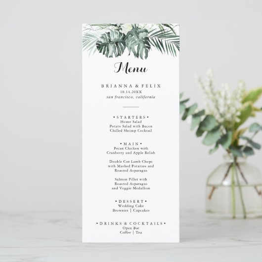 Dîner vert tropical Blanc Floral Menu (Debout devant)