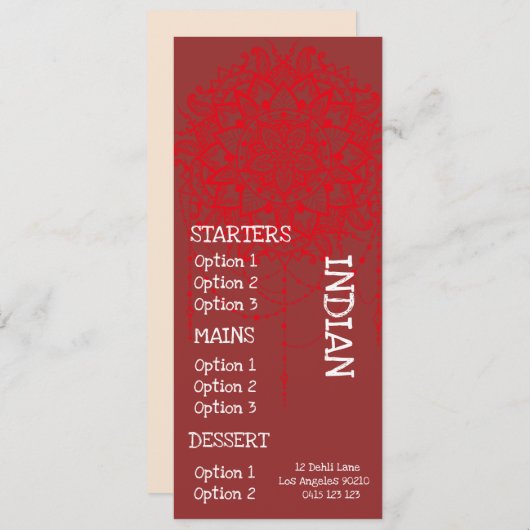 dinermenu van het Indiase restaurant Menu (Voorkant / Achterkant)