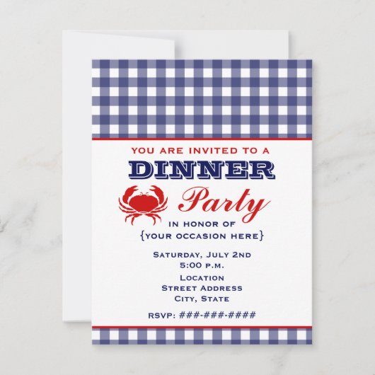 Dinerparty Blauw Gingham & Krab Kaart (Voorkant)