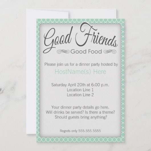 Dinner Party Invitations in Mint Kaart (Voorkant)