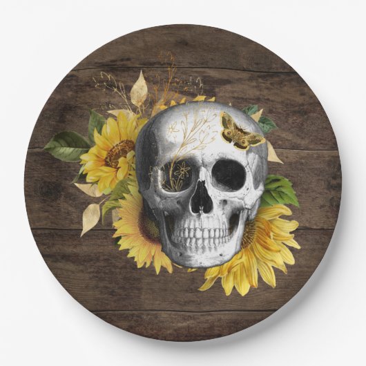 Dinnerware Reception Rustige Sunflower Skull Papieren Bordje (Voorkant)