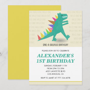 Dino 1e verjaardagsuitnodiging Regenboog t rex Kaart