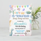 Dino 4e verjaardag Four-A-Saurus Feestje Kaart (Staand voorkant)