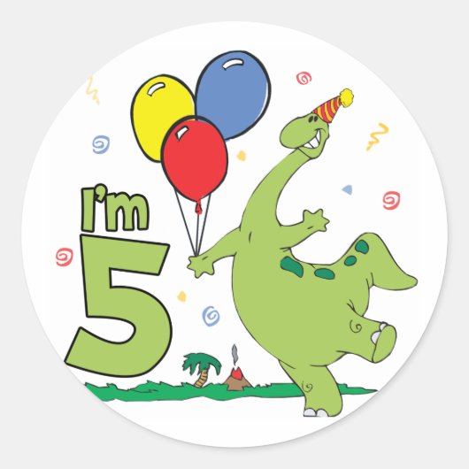 Dino 5th Birthday Ronde Sticker (Voorkant)