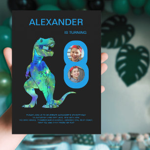 Dino 8e verjaardagsfeestje aangepaste foto kaart