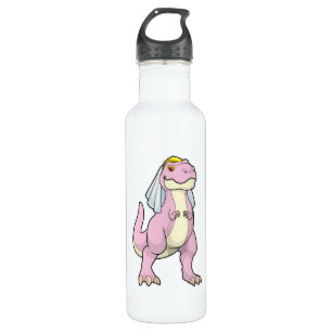 Dino als bruid op trouwfeest met sluier waterfles 