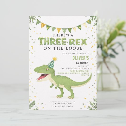 Dino Birthday Three-Rex Boy Invitation (Debout devant)