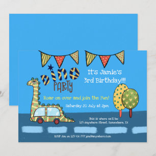 Dino Car Dinosaur Blauw Geel Jongens Verjaardagsfe Kaart