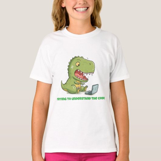 Dino Coder: Laptop Tyrannosaur T-shirt (Voorkant)