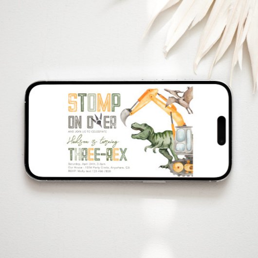 Dino Construction 3e verjaardagsuitnodiging Kaart