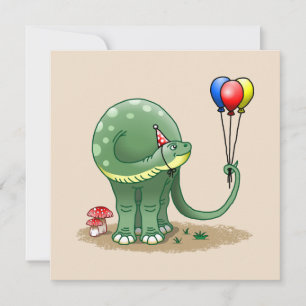 Dino die verjaardagsfeestballonnen vasthoudt kaart
