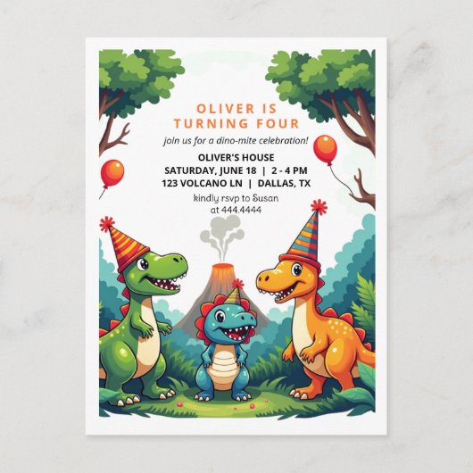 Dino Dinosaur Anniversaire Fête Invitation Carte p (Devant)