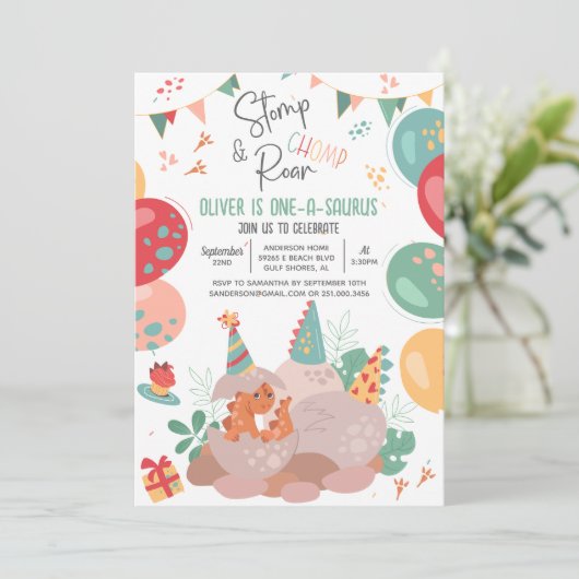 Dino Dinosaurus Eén-A-Saurus Verjaardagsfeest Uitn Kaart (Staand voorkant)