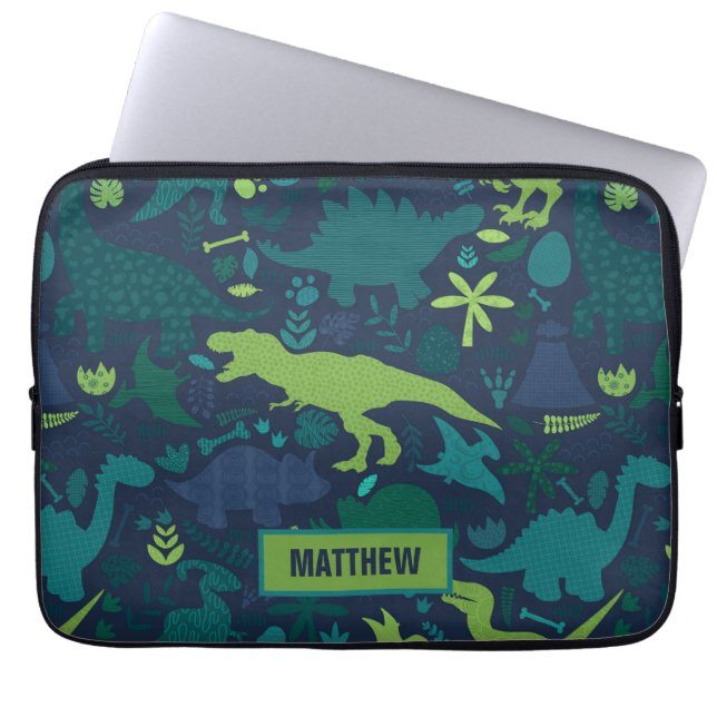 Dino Doodle Silhouettes Kinder Dinosaur Laptop Sleeve (Voorkant)