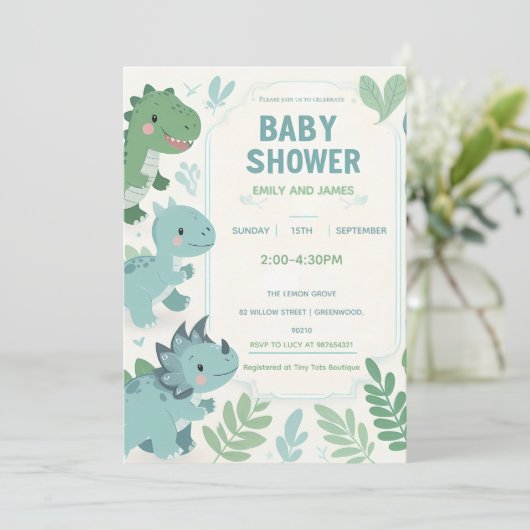 Dino-editable kaart voor jongens babyfeestje (Staand voorkant)