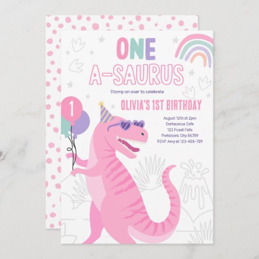 Dino Een A-Saurus 1e Verjaardagsfeest T-Rex Kaart (Voorkant / Achterkant)