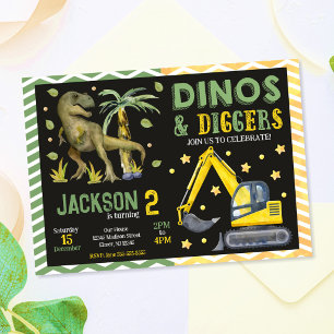 Dino en Bouw Dinosauriërs & Graafmachines Verjaard Kaart