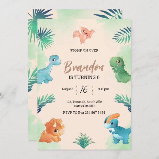 Dino Feest | Cute Dinosaurs Verjaardagsuitnodiging Kaart (Voorkant / Achterkant)